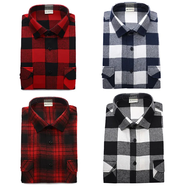 2018 Autumn Winter Fashion Flannel Shirts Men Long Sleeve Two Chest Pockets Slim Fit 100% Cotton Plaid Casual Flannel Shirt Men