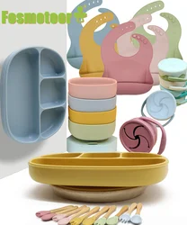 Fosmeteor Children's Tableware Baby Cup Plate Dishes Feeding Spoon Silicone Set Kids Dispensing Drinking Bowl Bibs BPA Free