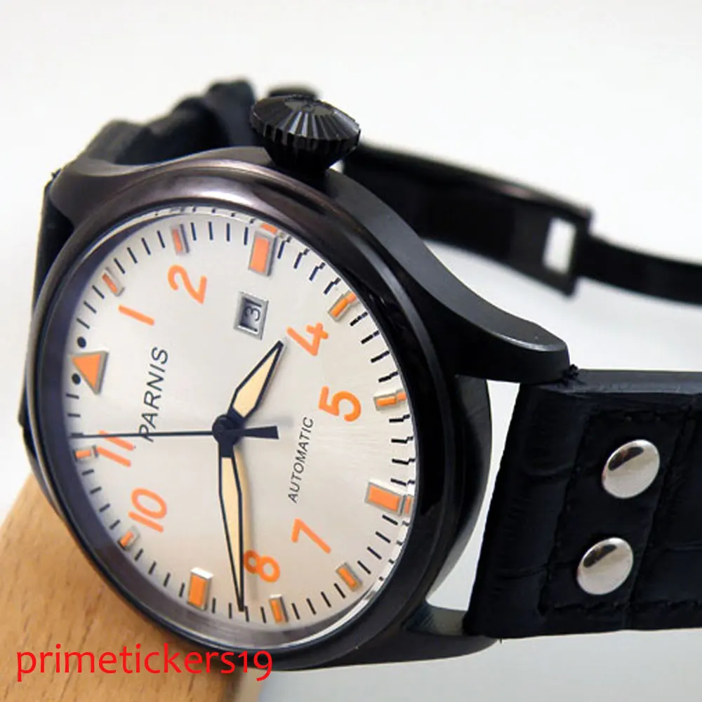 

New 47mm white dial PVD coated case yellow hands men's watch automatic movement date window leather strap