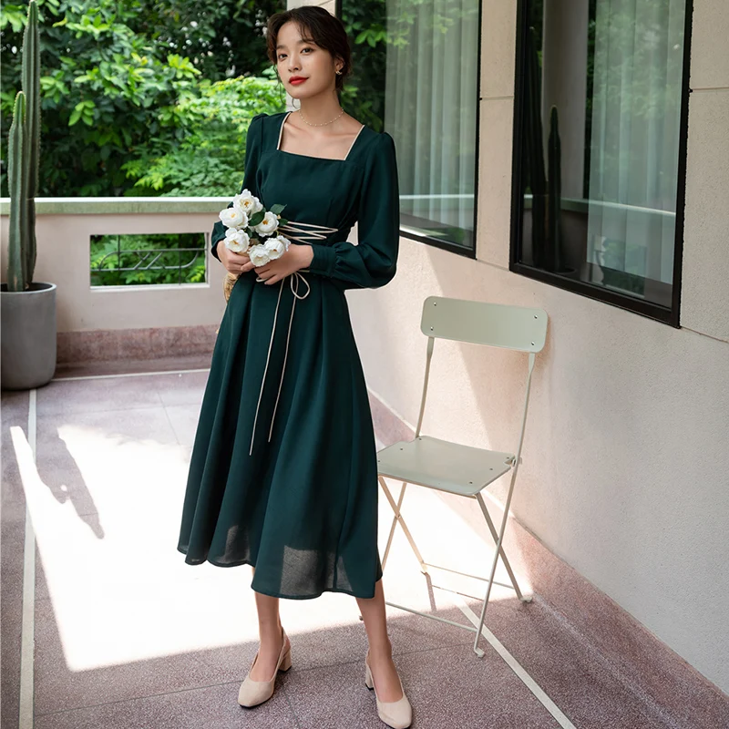 Anglo-American make small video party led show thin clavicle accept waist autumn long-sleeved dress French wind restoring ancien