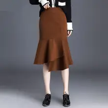 Новая высококачественная шерстяная юбка женская зимняя рыбий хвост ягодицы с асимметричным подолом с оборками Повседневная труба/Русалка длина до колена размера плюс S-4XL