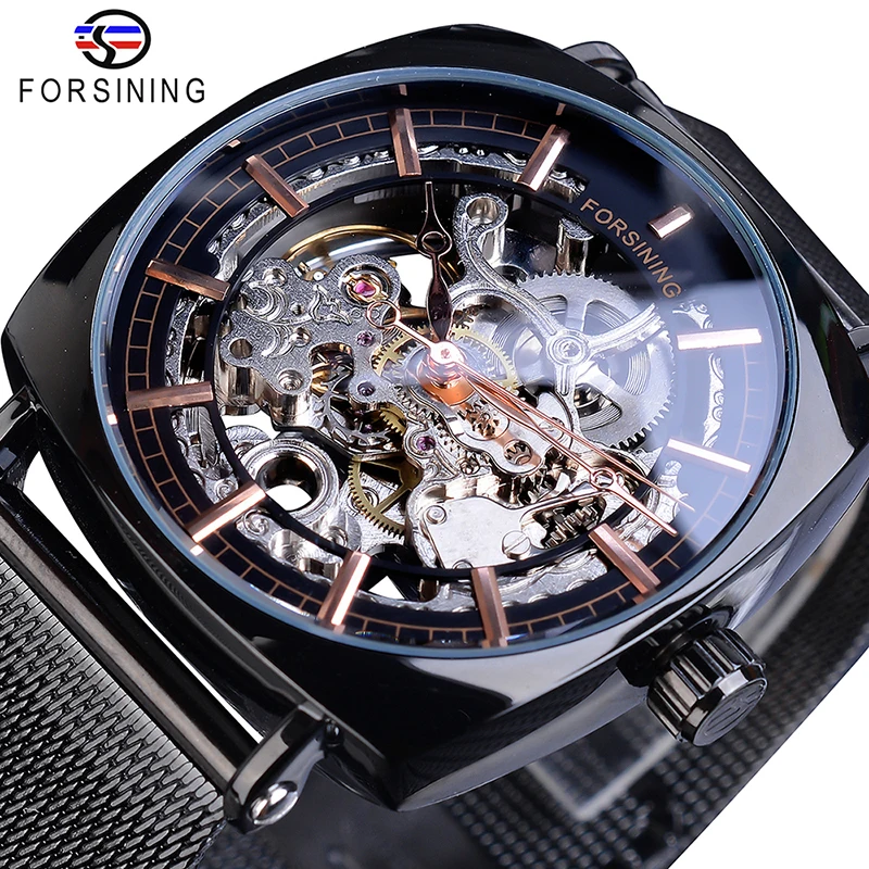 Forsining, новые модные механические часы для мужчин, квадратный Автоматический Скелет, аналоговые, серебристые, тонкие, сетчатые, стальной ремешок, часы Relojes Hombre - Цвет: W1076-10