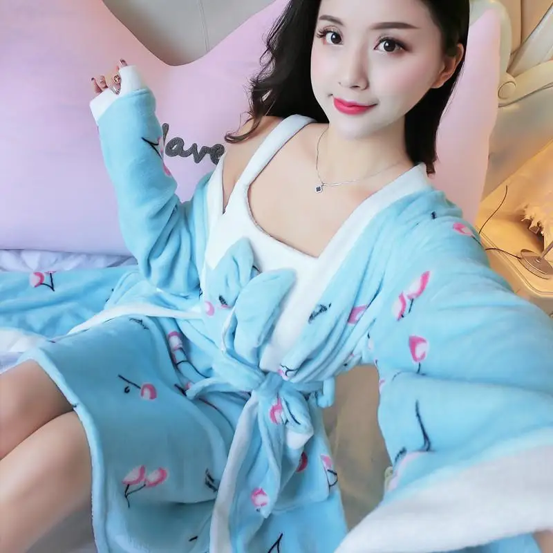 2PCS Sleep Set Lady Robe Suit Bathrobe Cute Winter Soft Nightwear Thick Bow Sleepwear Nightgown Flannel Home Clothing Nightdress - Цвет: Style B