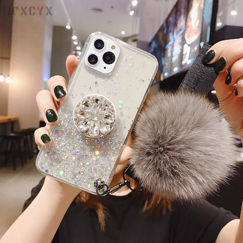 3D держатель алмаза стенд блеск Hairball мягкий чехол для iPhone X XR XS 11 Pro Max 6 7 8 plus для samsung S8 S9 S10 Note A50