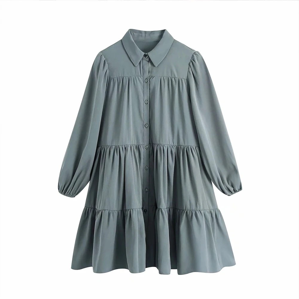 

XNWMNZ za Women 2020 Chic Fashion Button-up Loose Mini Shirt Dress Vintage Three Quarter Sleeve Pleated Female Dresses Mujer