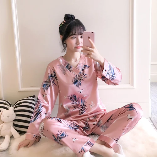 C Q 903 Осенняя Шелковая пижама с длинным рукавом для женщин pijama mujer, милый пижамный комплект с мультяшным принтом, домашняя одежда, длинные штаны, сексуальные пижамы - Цвет: C Q 903