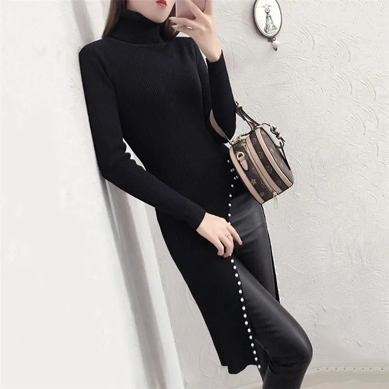 Autumn Winter High-Neck Sweater Women Mid Long Pullover Knitwear Temperament Slim Split Top Female Knitted Sweater XIN203