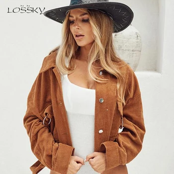 

Lossky Women Short Jacket Autumn Winter Long-sleeved Corduroy Thick Warm Coats Outwear With Sash Cool Streetwear Feminino 2019
