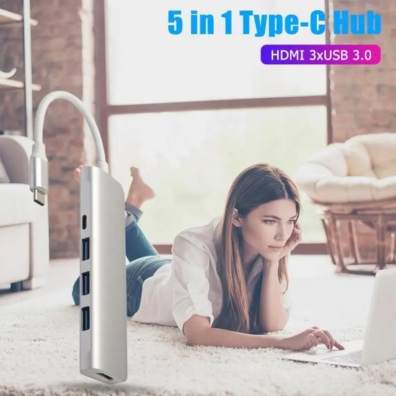 VODOOL 5 in 1 Type C to 4K HDMI 3xUSB 3.0 Fast Data Tranfer Dock Hub with PD Port Office Computer Peripherals USB Hubs