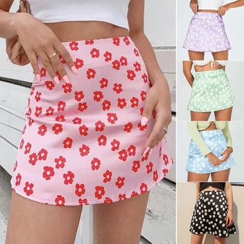 

Mini Skirt Elegant Boho Skirts Womens High Waist Skirt Floral Satin Skirt Short a Line Skirts