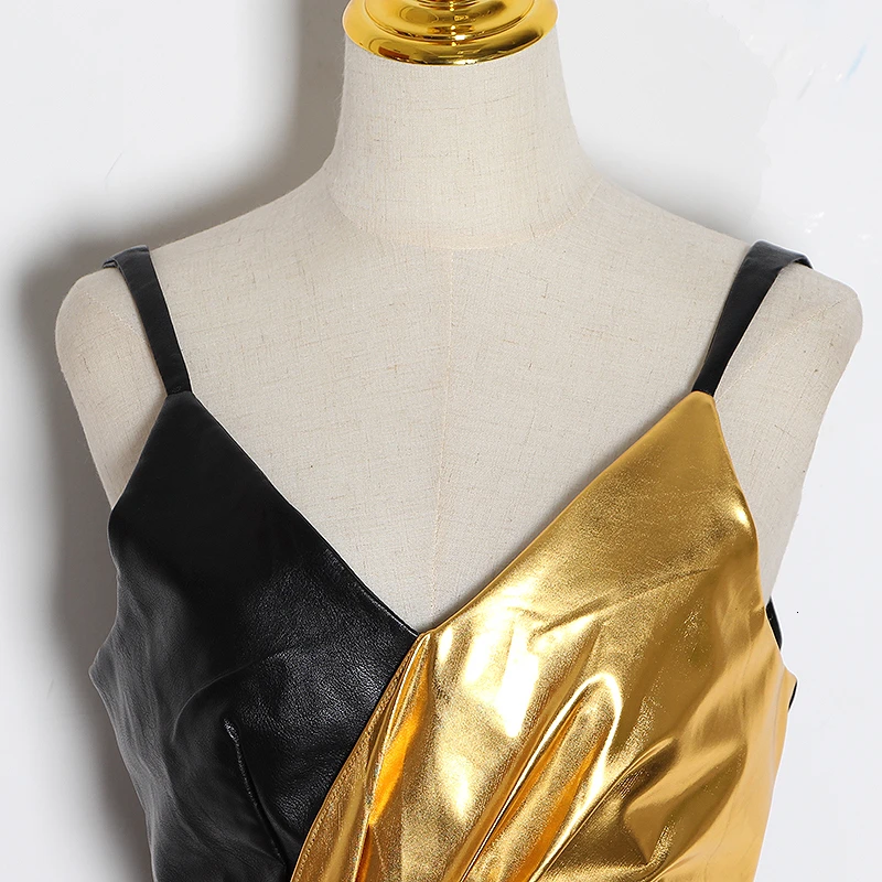 TWOTWINSTYLE лоскутное платье из искусственной кожи нерегулярные для женщин V образным вырезом Спагетти ремень спинки Высокая Талия Ruched платья женски