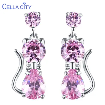 

Cellacity Lovely Cat Silver 925 Jewelry Geometry Gemstones Earrings for Women Ross quartz Ear drops Ruby Sapphire Emerald Party