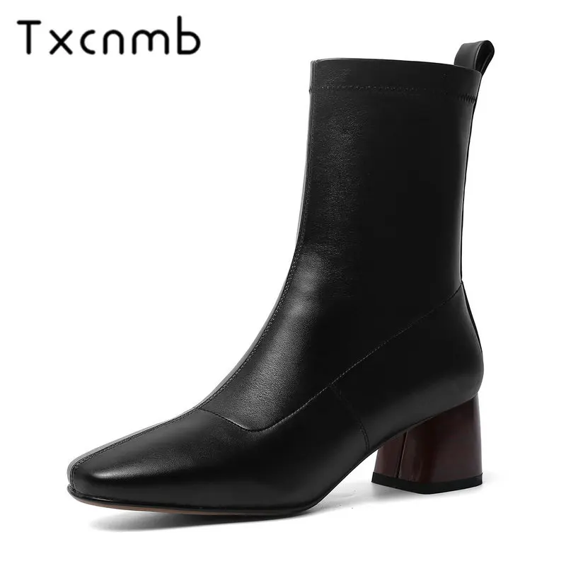 

TXCNMB Top Quality Boots Women High Heels Autumn Winter Retro Shoes Woman Zipper Genuine Leather Basic Boots Elegant Office