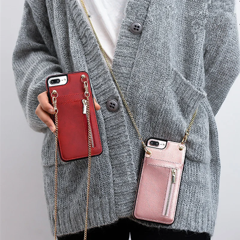 

wallet card zipper leather case for iphone 11 pro max XS MAX XR X 7 8 6 6s plus luxury shoulder chain phone bag capa fun