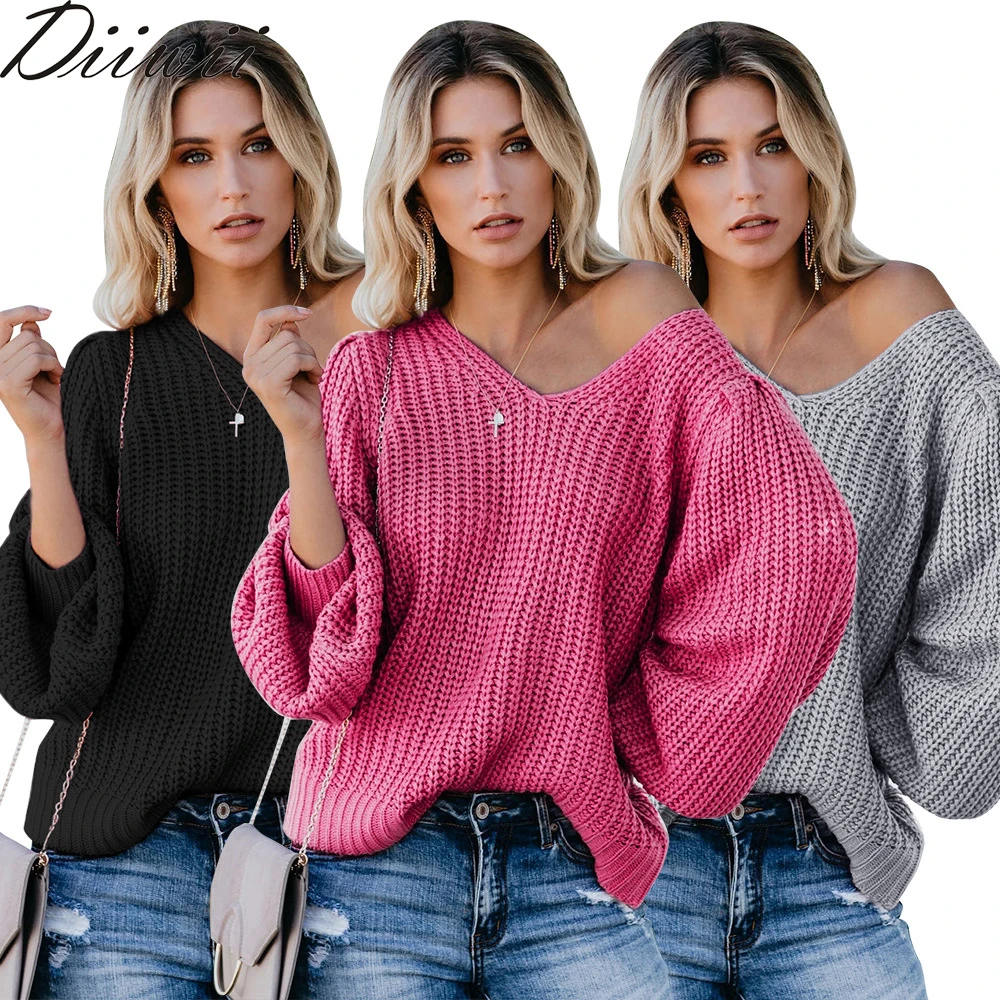 

DiiWii Hot Style Womens Top Solid Color V Neck Knit Sweater Loose Back Lantern Sleeves