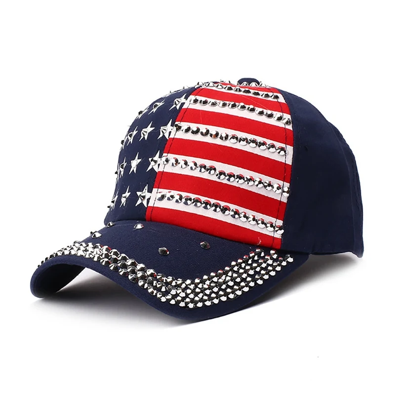 Синий Для женщин человек Diamond Бейсбол Кепки Для женщин Стразы с изображением американского флага пара алмаз регулируемый можно носить задом наперед Кепки, головной убор в хип-хоп стиле, летнее платье - Цвет: Синий