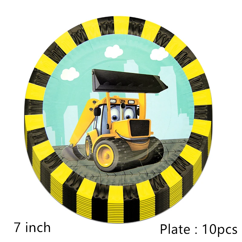 plate 10pcs Строительные вечерние экскаватор детские автомобили Мальчики экскаватор украшение для торта на день рождения на тему "Лошадки карусели" бумажные тарелки одноразовые трубочки украшения посуды - Цвет: plate 10pcs