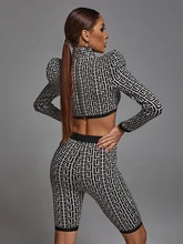 Traje de dos piezas de Jacquard geométrico a la moda, traje de manga larga, Tops cortos de vendaje para fiesta y Club de celebridades, novedad de 2021