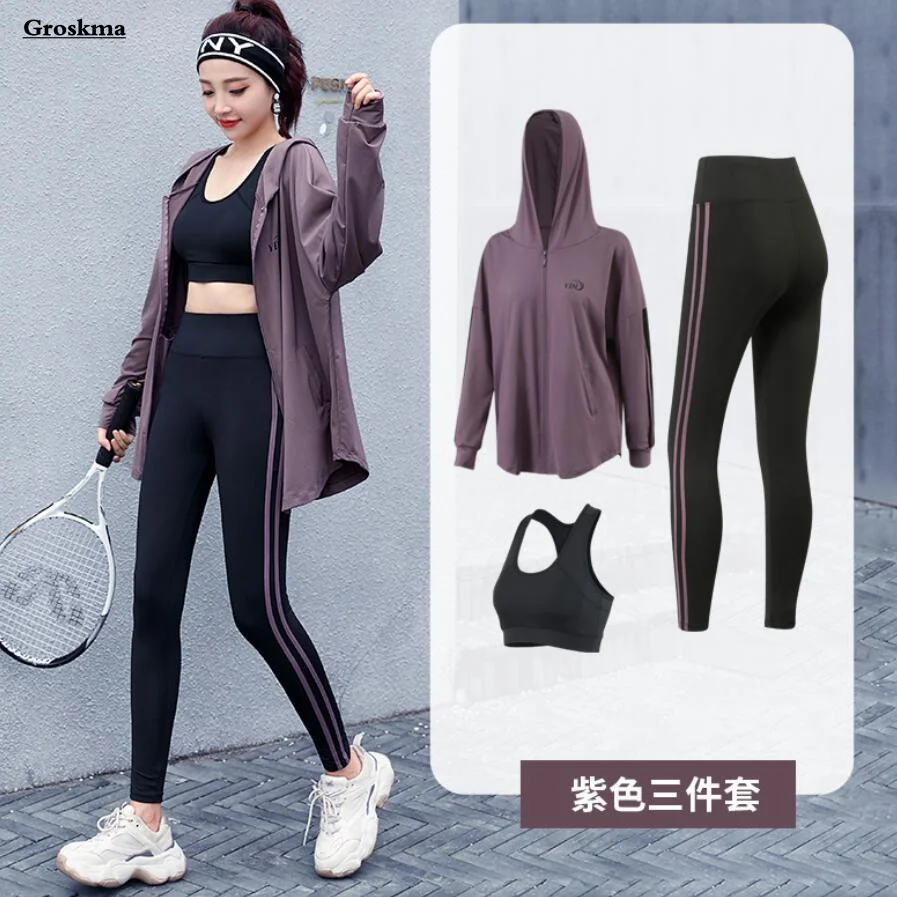 

4XL Women Yoga 3 Piece Set Fitness Gym Loose Coats+Bra+Leggings Workout Sports Running Suits Clothing Chandals Mujer Plus Size