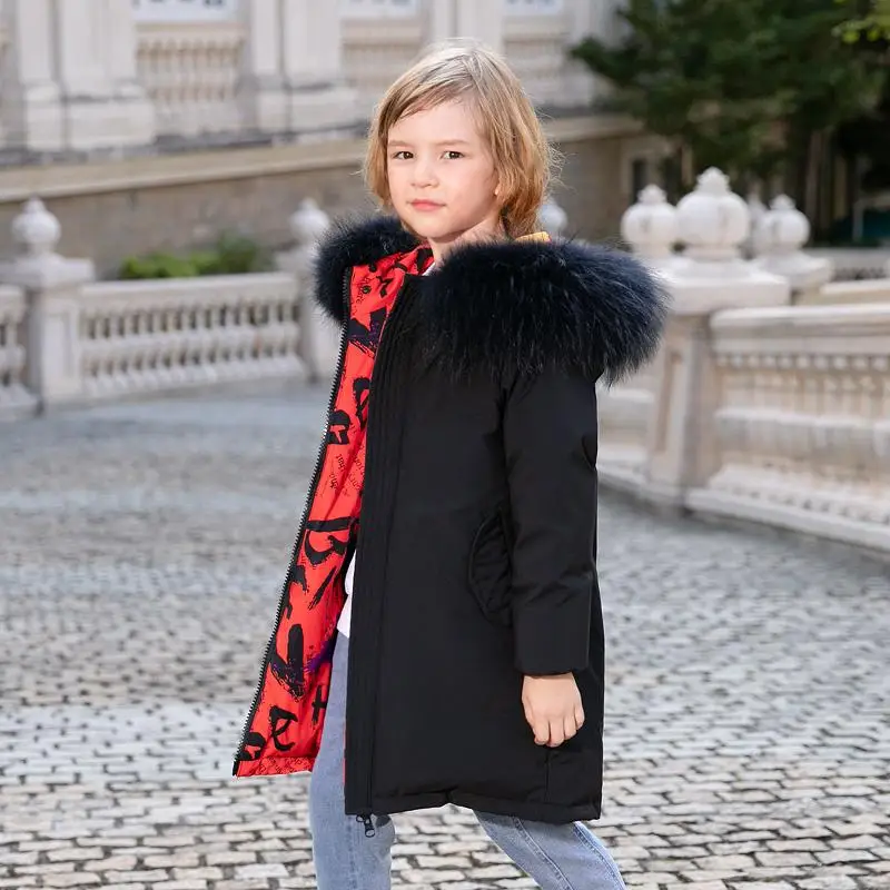 

Reversible Design Girl's Down Jackets Warm Children Down Parkas Coats Natural Fur Kids Teenager Thick Outerwear For Cold Winter