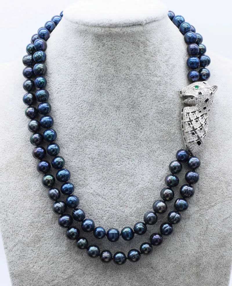 

2ROWS freshwater pearl black round 9-10mm necklace 18-19Inch wholesale beads nature FPPJ woman