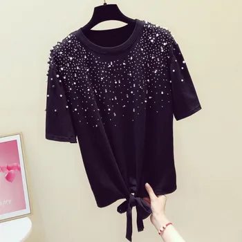 

2020 summer new shine beaded women t-shirts o-neck short-sleeved loose lady elegant pulls tops tees top quality