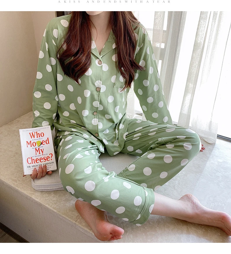 CAIYIER Autumn Winter New Sleepwear Set Women Turn-down Collar Pajamas Cute Cartoon Pattern Button Top+Pants Leisure Home Wear