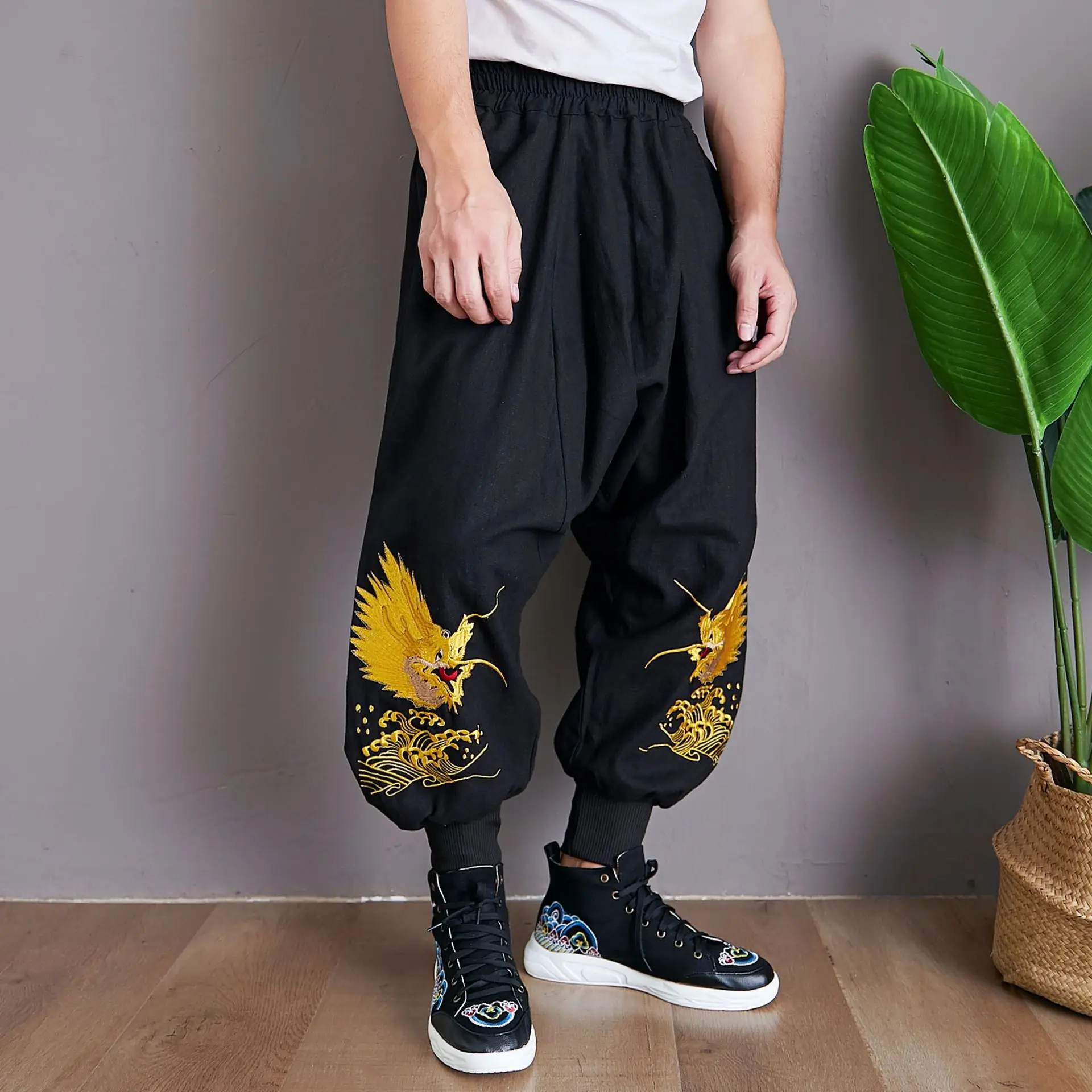 

2019 Autumn New Style Seawater Dragon Pants China Literature And Art-Style Ramie Embroidered Casual Pants Low Crotch Closing Foo