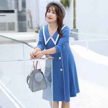 

Women's spring doll collar button college style dress plus size knee casual dress 100 kg can wear
