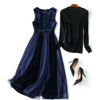 

2019 Autumn & Winter New Fashion Elegant Two-piece Velvet Mesh Sweater & Long Dress Free Shipping Worldwide