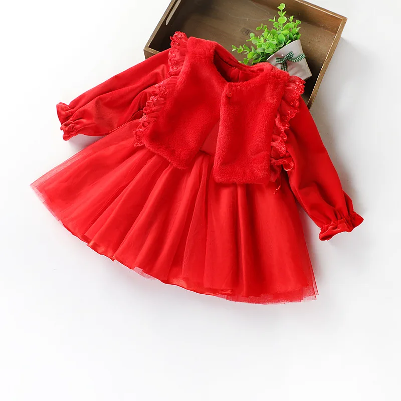 

2019 Autumn And Winter New Style plus Velvet Girls Baby Woolen Vest Long Sleeve Dress Vest Piece Set 1886