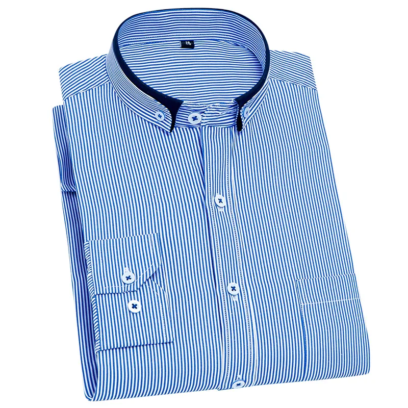 Stand Collar Striped Shirts Slim Fit Non-iron Business men Dress Shirts Long Sleeve Social Male Tops Front Pocket Easy Care