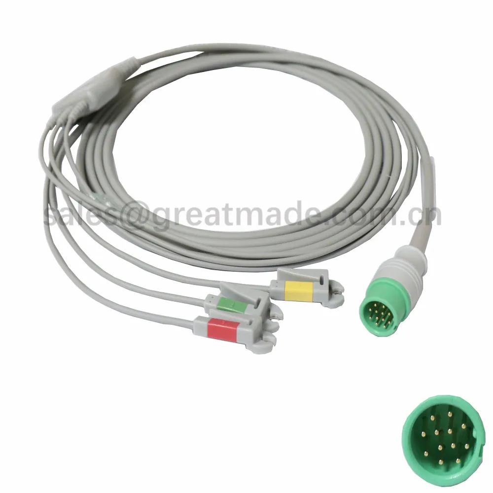 MC107-3IG Совместимый кабель Biolight A3, A5, A6, A8, Q5 ECG с leadwisie. IEC, 3-без содержания свинца и вышлите ваш зеленый 12pin - Цвет: MC107-3IG