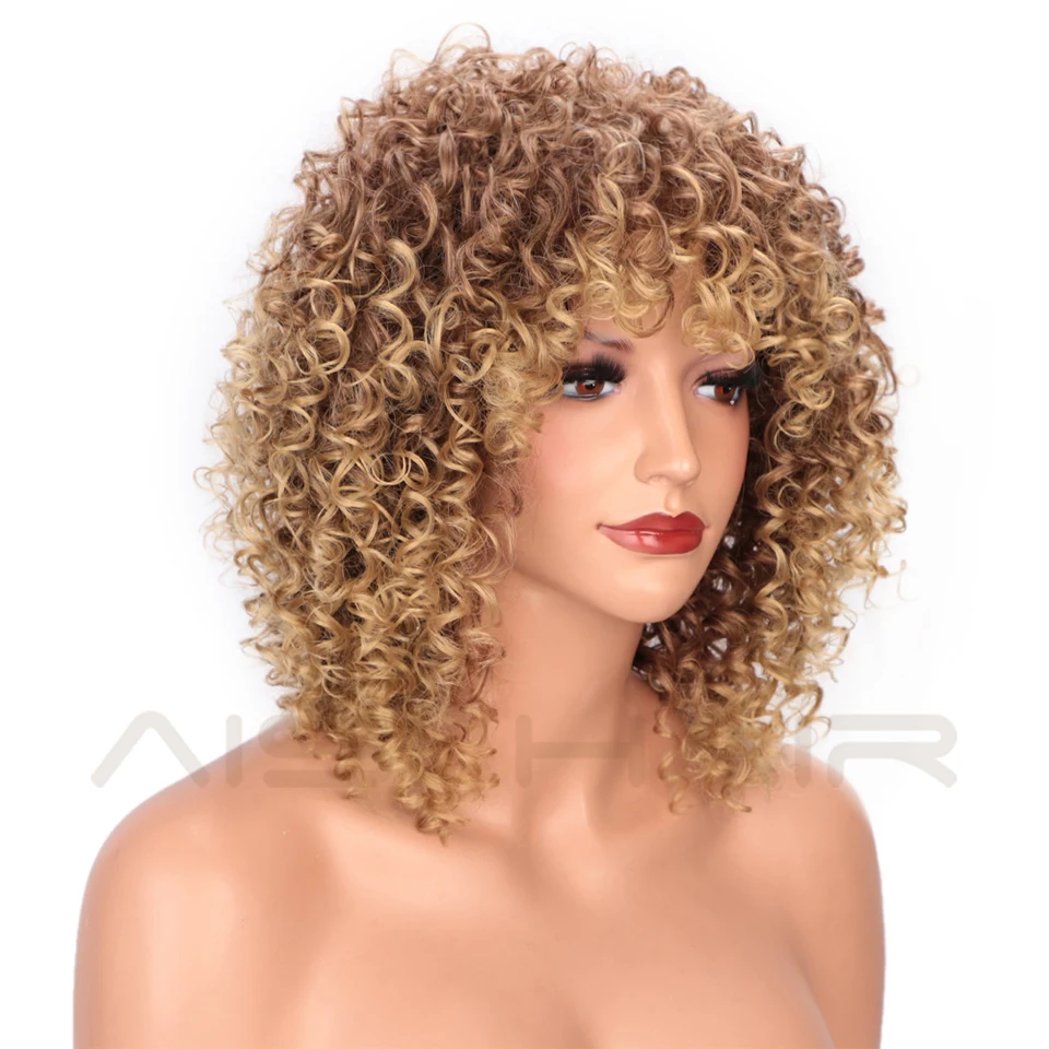 AISI HAIR афро кудрявый парик с челкой коричневые смешанные светлые волосы
