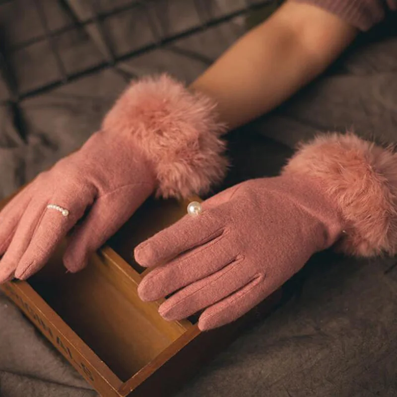 Модные женские кашемировые вязаные перчатки с вышивкой и сенсорным экраном, зимние теплые перчатки с кроличьим мехом, бархатные Утепленные перчатки для вождения H40