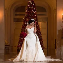 Элегантное кружевное свадебное платье с бисером, со съемным шлейфом, с открытыми плечами с юбкой-годе, свадебные платья с аппликацией цвета слоновой кости, атласное свадебное платье