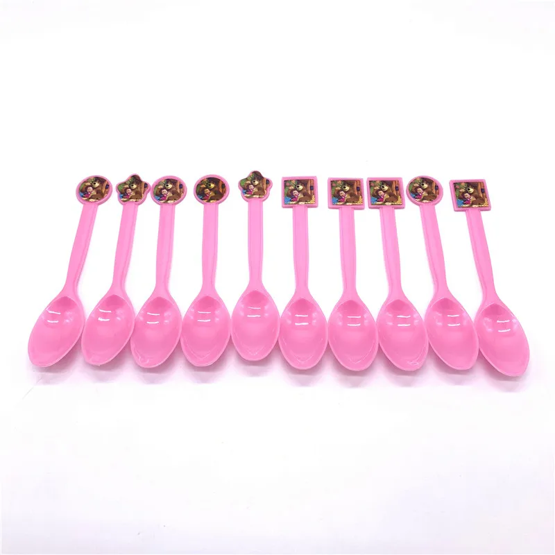Spoons-10pcs Маша и медведь мультфильм посуда набор День рождения украшения Дети тарелка чашки шляпы салфетки скатерть и флаги соломенные вечерние принадлежности - Цвет: Spoons-10pcs