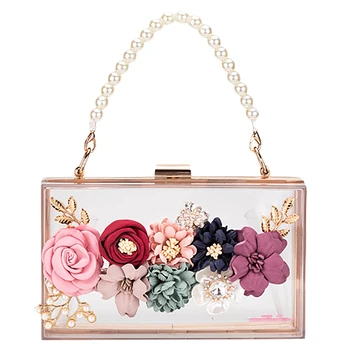 

Luxury Dinner Party Bag Three-Dimensional Pearl Flower Tote/Small Square Bag/Clutch Transparent Color