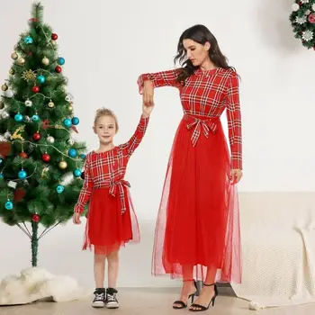 

2020 New Fashion Family Matching Clothes Mother&Daughter Red Plaid Dresses Mom Girl Plaids Bow Bandage Tulle Ball Gown Dress