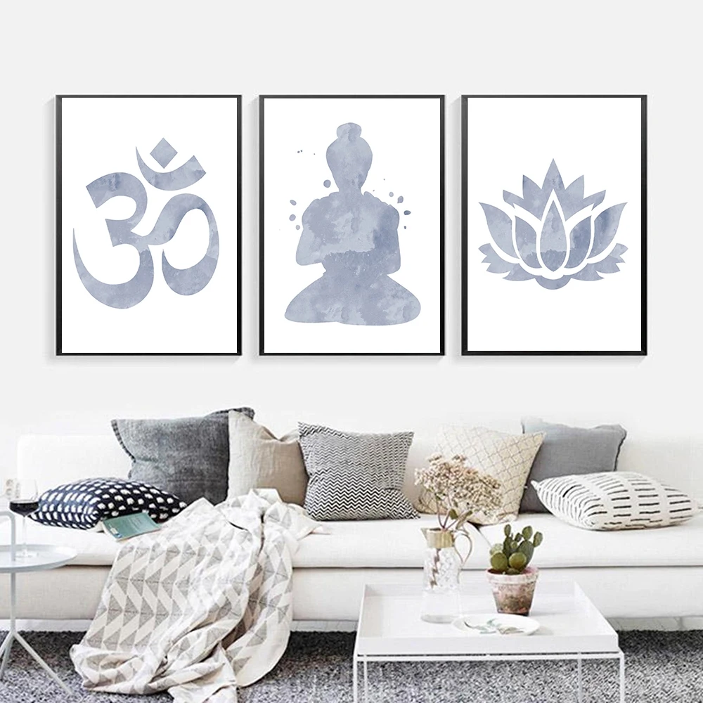 Grey Meditation Canvas Painting Abstract Buddha Statue Lotus Poster Buddhism Prints For Living Room Decor Wall Art | Дом и сад