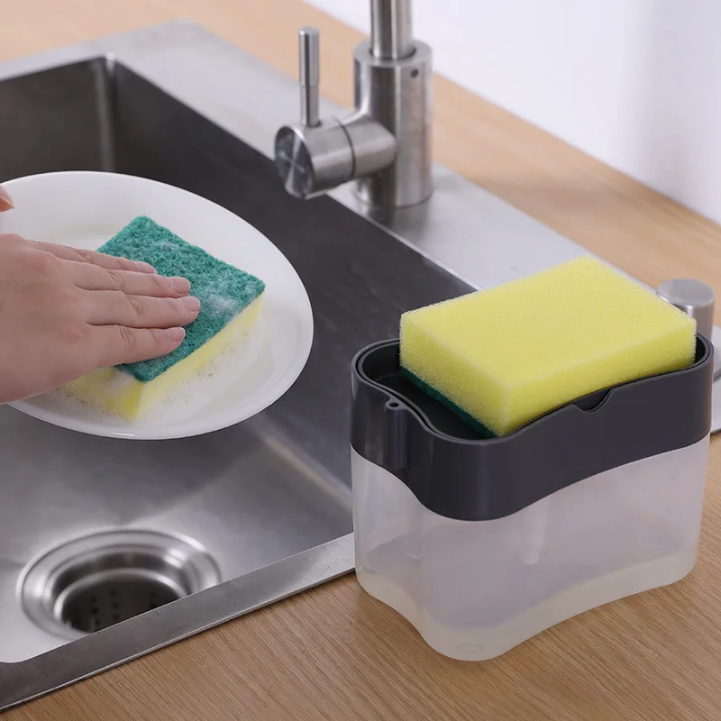 

Soap Dispenser Pump with Sponge Holder Cleaning Liquid Dispenser Container Manual Press Soap Organizer Kitchen Cleaner Tool