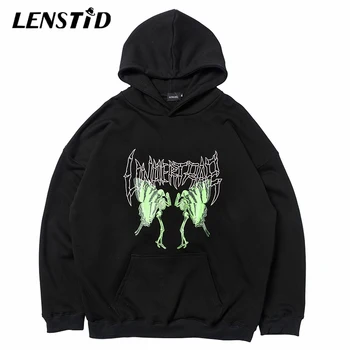 

LENSTID Hip Hop Dancing Skull Butterfly Print Pullover Hoodies Men Harajuku Streetwear Winter Fleece Cotton Hooded Sweatshirts