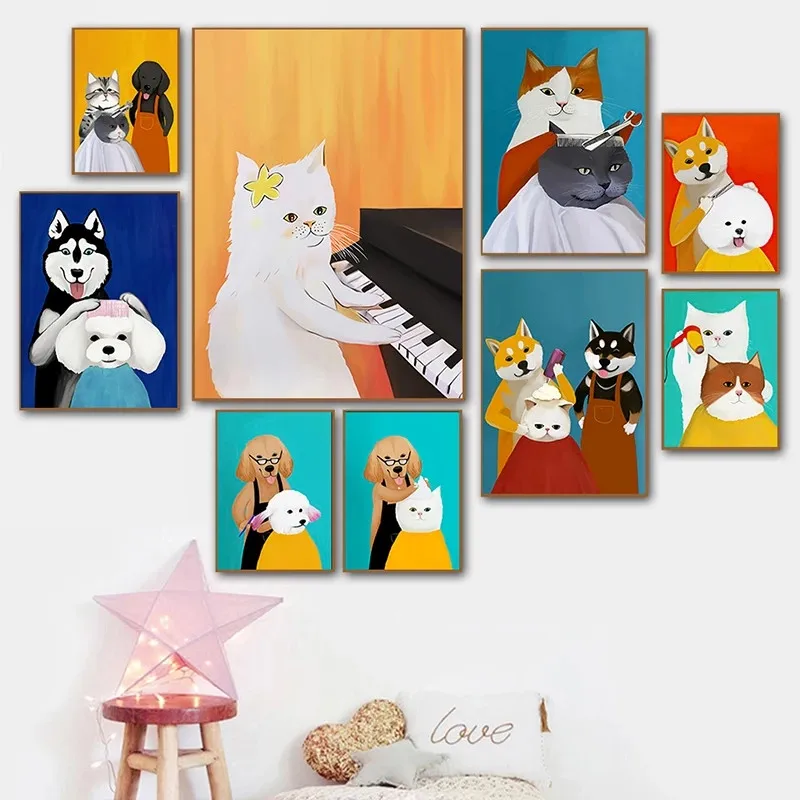 

Cartoon Cute Cat Modern Posters and Prints Funny Dog Haircut Canvas Painting Wall Art Picture For Kid's Bedroom Home Decor