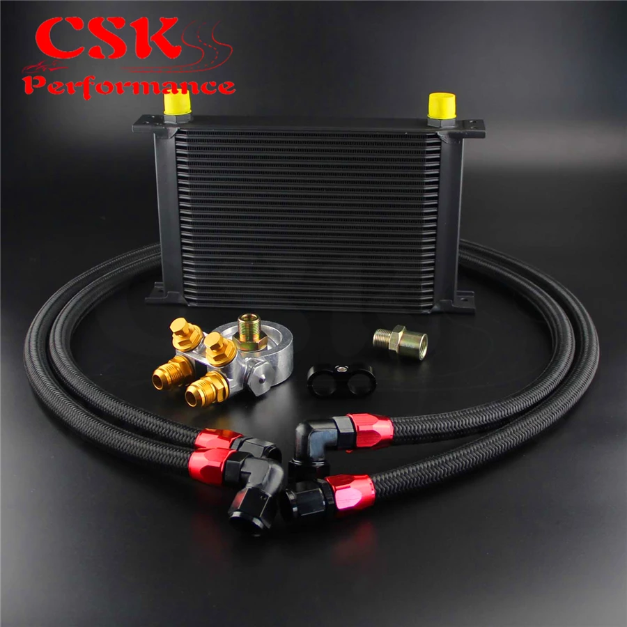 ^*Best Offers Universal 25 Row Oil Cooler+AN10 Oil Adapter w/Thermostat +Braided Hose Line Kit Silver / Black