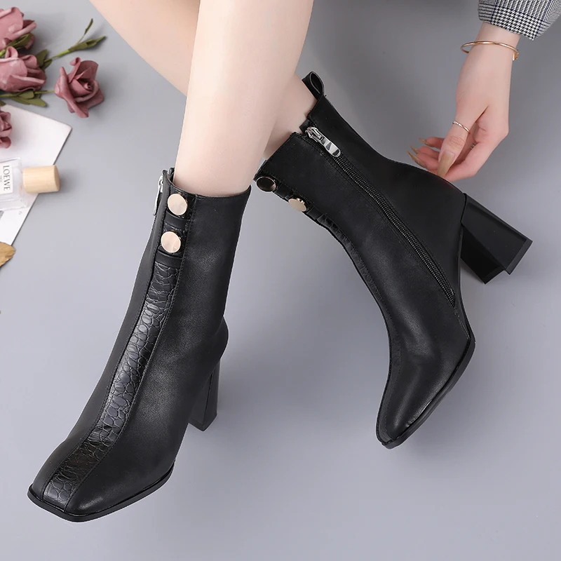 

European Style 2021 New Fashion Thick Heel Women's Boots Rivet Stitching Crocodile Texture Square Toe Suit Leather Ankle Boots