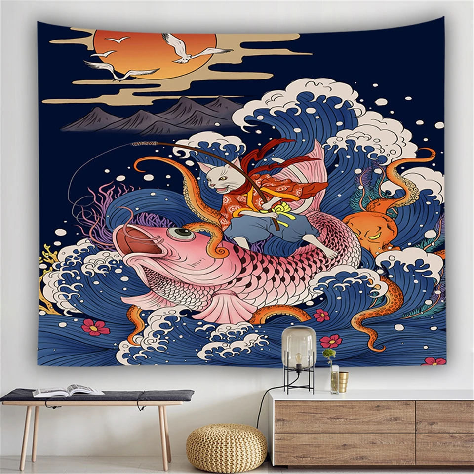 Гобелен в японском стиле, Ukiyo-E, Череп, змея, Кит, психоделика, канагава, волны, протез, хиппи, гобелен, мандала, Настенный Ковер