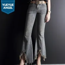 Кисточкой женские джинсы клёш осень тонкий Высокая Талия джинсовые брюки женские уличная Офисные женские туфли винтажные колокольчики джинсы с кроем для женщин