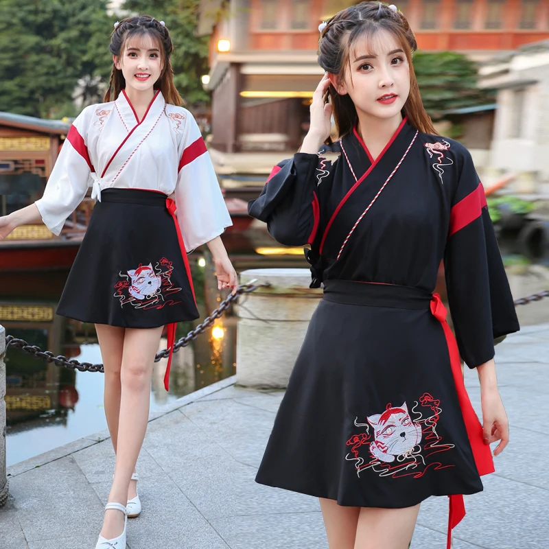 

Japanese Kimono/Hanfu Woman Black and White Cat Embroidered Skirt, Retro Asian Costume Yukata Haori Cosplay Party 2-Piece Set
