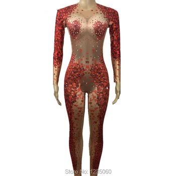 

Fashion Red Heart Shape Pattern Jumpsuit Rhinestones One Piece Big Stretch Costume Women's Party Outfit Stage Singer Show Wear