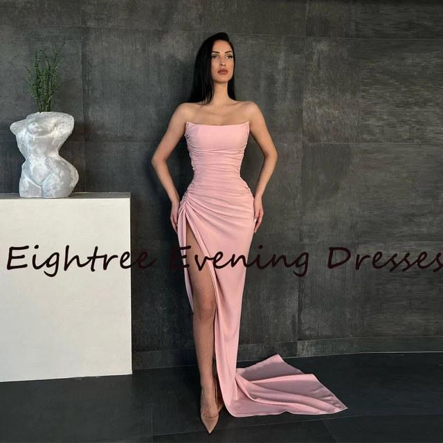 Eightree Fuchsia Red Pink Simple Sleeveless Long Evening Dresses Side Slit Strapless Formal Graduation Night Party Gowns Dress 2